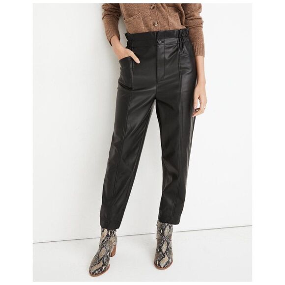 NWT Madewell Black Vegan Leather Pull-On Paperbag Pants MB292 Size 8 - Picture 1 of 15